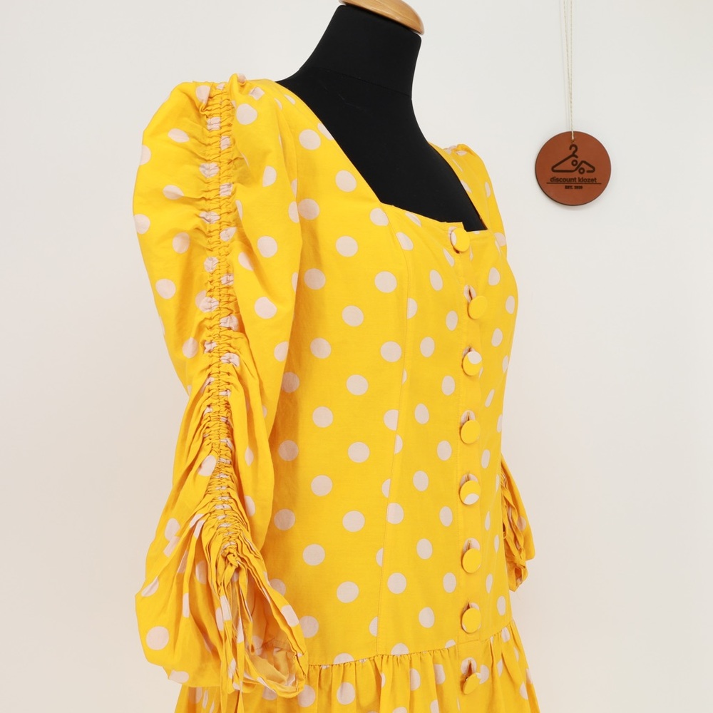 Nicholas Polla Dot Yellow & White Ruched Sleeve Button Front Dress‎ Size 6 - Picture 5 of 7